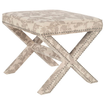 Arnold Ottoman Silver Nail Heads Taupe/ Beige Print