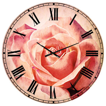 Pink Rose Sketch On White Background Flowers Metal Clock, 36x36