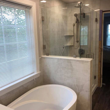 Silver White Marble shower w/ Subway simulated tile & Tub
