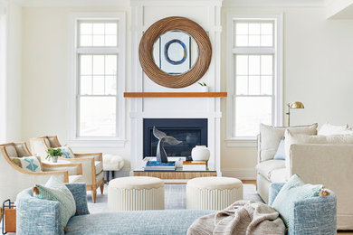 Beach style open concept and formal living room photo in New York with white walls, a standard fireplace and no tv