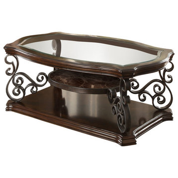 Benzara BM219595 Glass Top Coffee Table with Ornate Metal Scrollwork, Brown