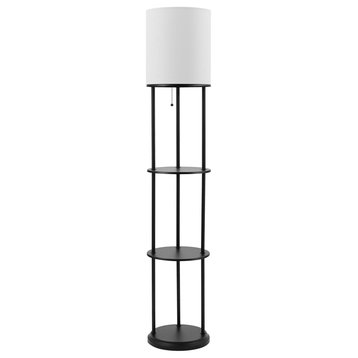 Reid 57.5" Matte Black Shelf Floor Lamp, White Linen Shade