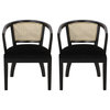 Delwood Traditional Upholstered Wood and Cane Dining Chairs (Set of 2), Black + Natural Brown, Velvet