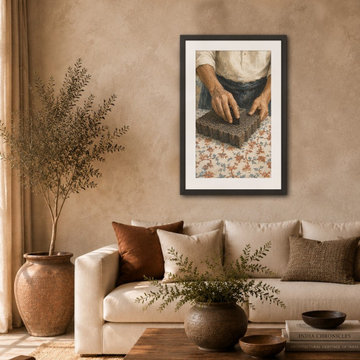 The Printer Framed Art in a Warm Neutral Living Room