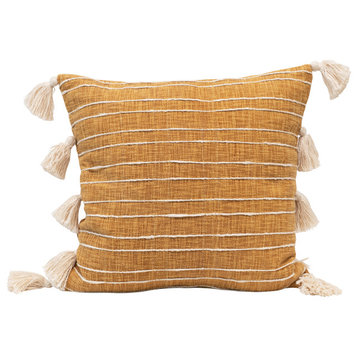 Cotton Woven Pillow With Appliqued Stripes/Tassels, Mustard/White