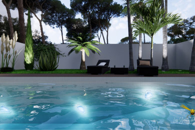 Cette photo montre une piscine tendance rectangle avec une terrasse en bois.