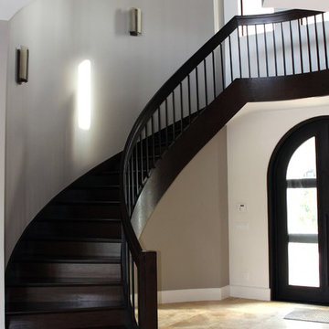 Custom Curved White Oak Staircase, Square Iron Balusters