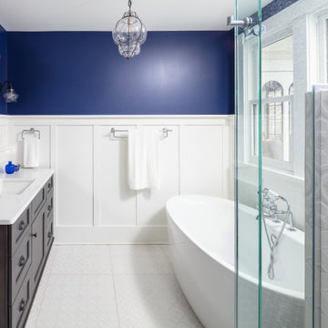 Blanc & Bleu: Expanding a 5' x 7' bath into a bright & beautiful bathing oasis.