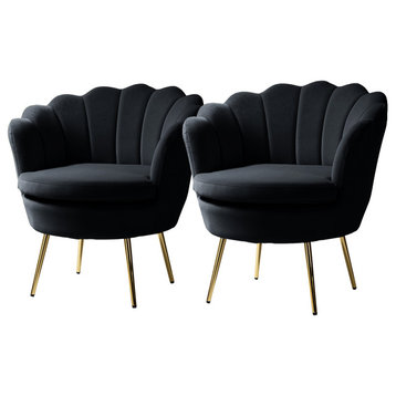 Velvet Accent Barrel Chair With Scalloped Seashell Edges Set of 2, Black