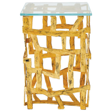 Metal Strips Open Modern Accent End Table Square Tempered Glass Top Abstract, Distressed Gold Leaf