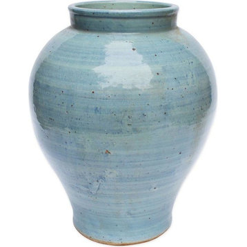 Jar Open Mouth Light Blue Varying Polished Nickel Porcelain Ceramic