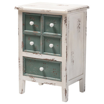 Eryn French Country Cottage Distressed White and Teal Wood 5-Drawer Accent Chest