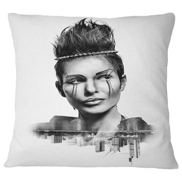 Double Exposure Woman With Hair Portrait Throw Pillow, 18"x18"