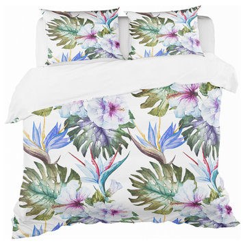 Watercolor Hibiscus Patterns Tropical Duvet Cover Set, Twin