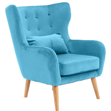 Faux Velvet Wingback Accent Chair With Wooden Legs, Teal