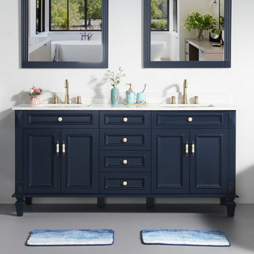 Solid Wood Bathroom Vanity with Quartz Top and cUPC Certified Sink, Navy Blue, 72 Inch