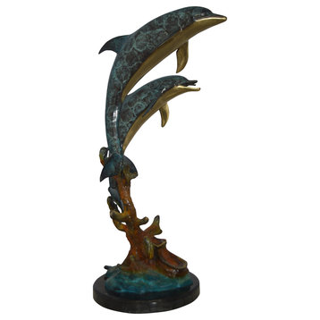 Two Dolphins fountain Bronze Statue on a marble -  Size: 19"L x 15"W x 36"H.