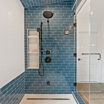 Incredible Blue & White Bath With Wall Bench & Steam Shower