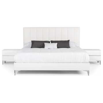 Yancey Italian Modern White Eco Leather Bed With Nightstands, King