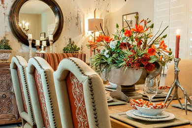 Mid-sized transitional ceramic tile and beige floor enclosed dining room photo in San Diego with beige walls