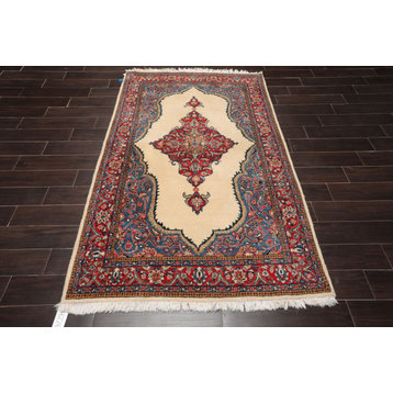 4'4''x6'5'' Hand Knotted Wool Tabriz Oriental Area Rug Ivory, Coral