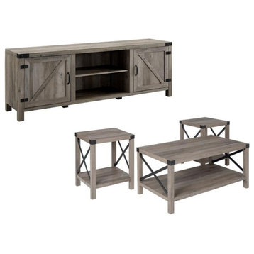 4 Pieces Metal Barn Door TV Stand Coffee Table & 2 End Table Set in Gray Oak