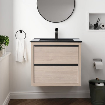 Bathroom Vanity With 2/3 Soft Close drawers, 24 in, With Black Ceramic Basin