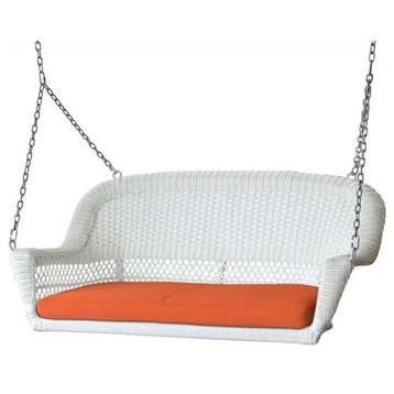 Jeco Wicker Porch Swing in White with Orange Cushion