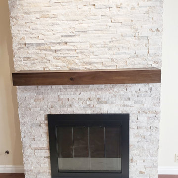 Stacks on Stacks Stacked Stone Fireplace & Custom Mantle