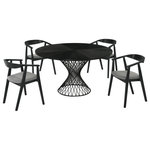 Armen Living - Cirque Santana 5-Piece Black Wood Dining Table Set With Charcoal Fabric - Style and function come together with the Cirque Santana 5-piece dining set from Armen Living. This dining set includes 1 round Cirque dining table, and 4 Santana dining chairs. The intricate metal pedestal base of the table lends itself to a mid-century modern design theme, further complimented by the angular legs and airy silhouette of the dining chairs. The upholstered and padded seat of the Santana wood chairs allow for hours of comfortable seating. The round black wood tabletop measures 54 inches round and can easily accommodate more chairs if needed for dinner parties or holidays. Round dining tables are more space efficient than rectangular tables and without the sharp corners, they allow for better traffic flow if being used in a compact area. Apart from safety, the absence of sharp corners creates a more harmonious environment for your friends and family to enjoy. The Cirque Santana 5-piece Dining Set is available in a chic black finish with charcoal upholstery.