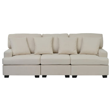 3 Seat Sofa With Removable Back and Seat Cushions and 4 Pillows, Beige