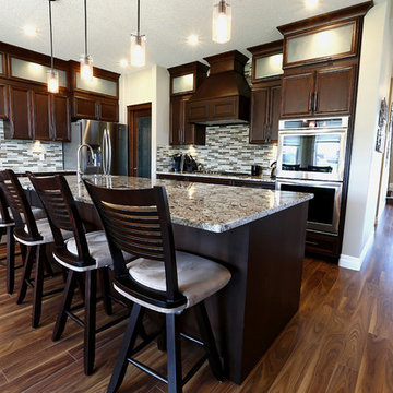 Elegant Dark Stained Cherry Wood Kitchen and Island