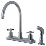 Kingston Brass - Kingston Brass Centerset Kitchen Faucet, Polished Chrome - This two handle kitchen faucet with its cylindrical base and gooseneck spout will work well with most contemporary decors, includes side spray, manufactured from solid brass this faucet features ceramic cartridge for long lasting performance.