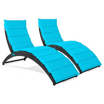 Costway 2 Pieces Rattan Folding Patio Lounge Chaise Chair in Turquoise