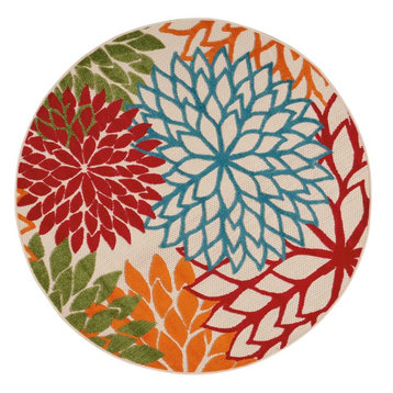 Aloha Green 5 ft. x 5 ft. Floral Contemporary Indoor/Outdoor Round Rug