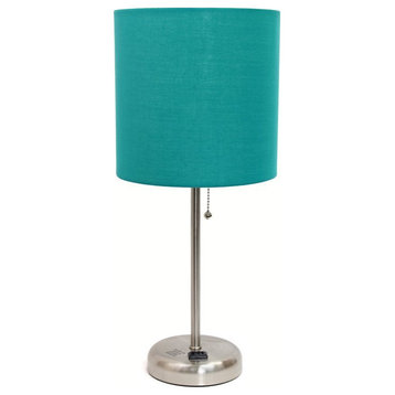 LimeLights Silver Metal Stick Lamp w/ Power Outlet with Teal Shade