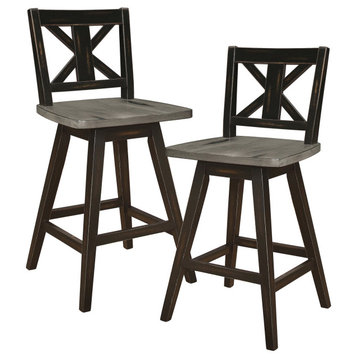 Set of 2 Counter Stool, Wood Construction With Gray Seat, Black/X-Shaped Back