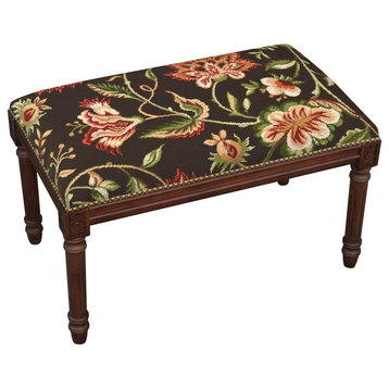 Bench Jacobean Floral Flowers Backless Brown Wood Stain Needlepoint