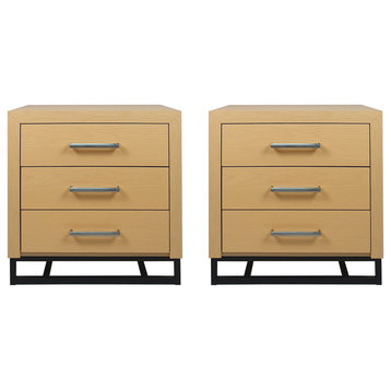 Borah Contemporary Faux Wood 3 Drawer Nightstand (Set of 2), Natural + Black