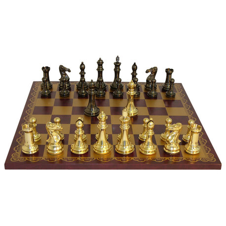 Brass Staunton Burgundy and Gold Faux Leather Chess Board Set