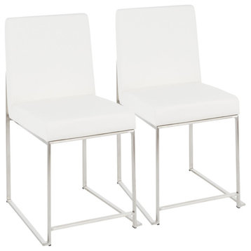 High Back Fuji Dining Chair, Set of 2, Brushed Stainless Steel, White Pu
