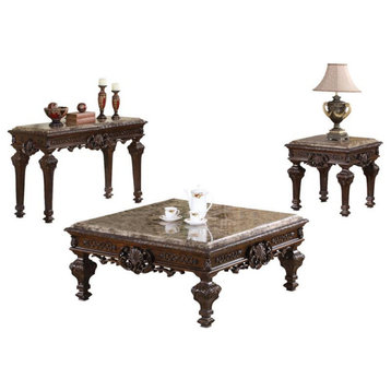 Best Master Traditional 3-Piece Faux Marble Top Living Room Table Set in Cherry
