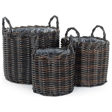 Set of 3 CATLEZA Multi-purposes Basket with handler - Hand Woven Wicker, Espresso