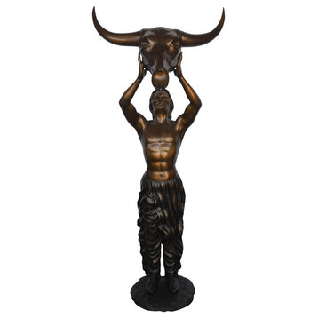 Indian Man Holds a Buffalo Skull Bronze Statue -  Size: 29"L x 23"W x 72"H.