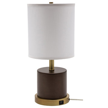 Rupert table lamp with weathered brass accents and USB port