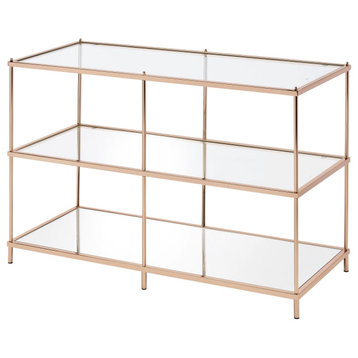 Elegant Console Table, Metal Frame With Glass Top & Mirrored Shelves, Champagne