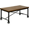 Industrial Coffee Table Set, Black Metal Frame With Wheels, Medium Oak Wood Top