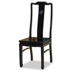 China Furniture and Arts - Rosewood Longevity Design Chair, Black Ebony - Made of solid rosewood, this chair is exquisitely hand-carved with the symbol of Longevity sign in the center. Constructed with joinery technique by artisans in China. Chair legs are designed with horizontal support bars, not only allow for structural support but also long lasting durability. To use as a dining chair or place a pair in a special spot in your living room. Hand applied black ebony finish. Silk cushion sold separately.