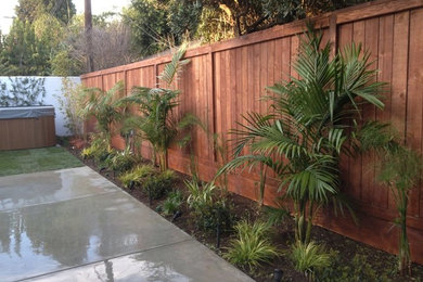Mid-sized trendy side yard concrete patio photo in Los Angeles with a fire pit and no cover