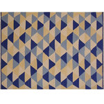 Bareens Designer Rugs - Chic Turkish Kilim Sumner Hand-Woven Wool Rug - 5'0'' x 6'9'' - Elevate the elegance of your home with this stunning hand-woven tribal Kilim wool rug. Meticulously crafted on a loom by the Nomad Turkman people using hand-spun wool and 100% natural vegetable dyes, these rugs are recognized for their repetitive geometric patterns, incorporating naturalistic floral and traditional designs. The contemporary fashion palette results in bold, sharp patterns that are incredibly versatile, as the pattern is the same on both sides. These reversible rugs feature a lighter shade on one side and brighter colors on the other, providing versatility according to preference. These unique rugs are made by knotting short strands of different colors onto the warps and securing them by tightly pressing the wefts. The designs are created by interweaving the various colored wefts and warps. Kilims are known for their exceptional durability and versatility, making them truly unique rugs.  Product Details    Rug Size: 5'0'' x 6'9''  Material: 100% Wool  Style: Kilim, Flat Weave, Dhurrie, Turkish, Southwestern, Rustic, Tribal  Colors: Natural, Blue  Weave Type: Hand-Woven, Handmade  Pile Height: Less than 0.25 inch